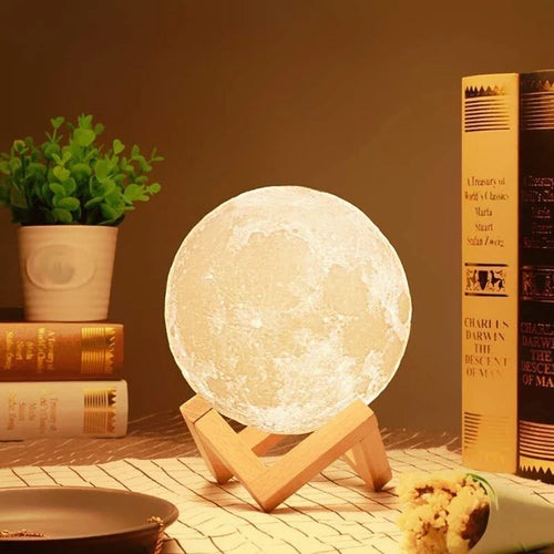 LunaGlow: 3D RGB Moon Lamp, USB Rechargeable Design & Wooden Stand for Bedroom & Gifting